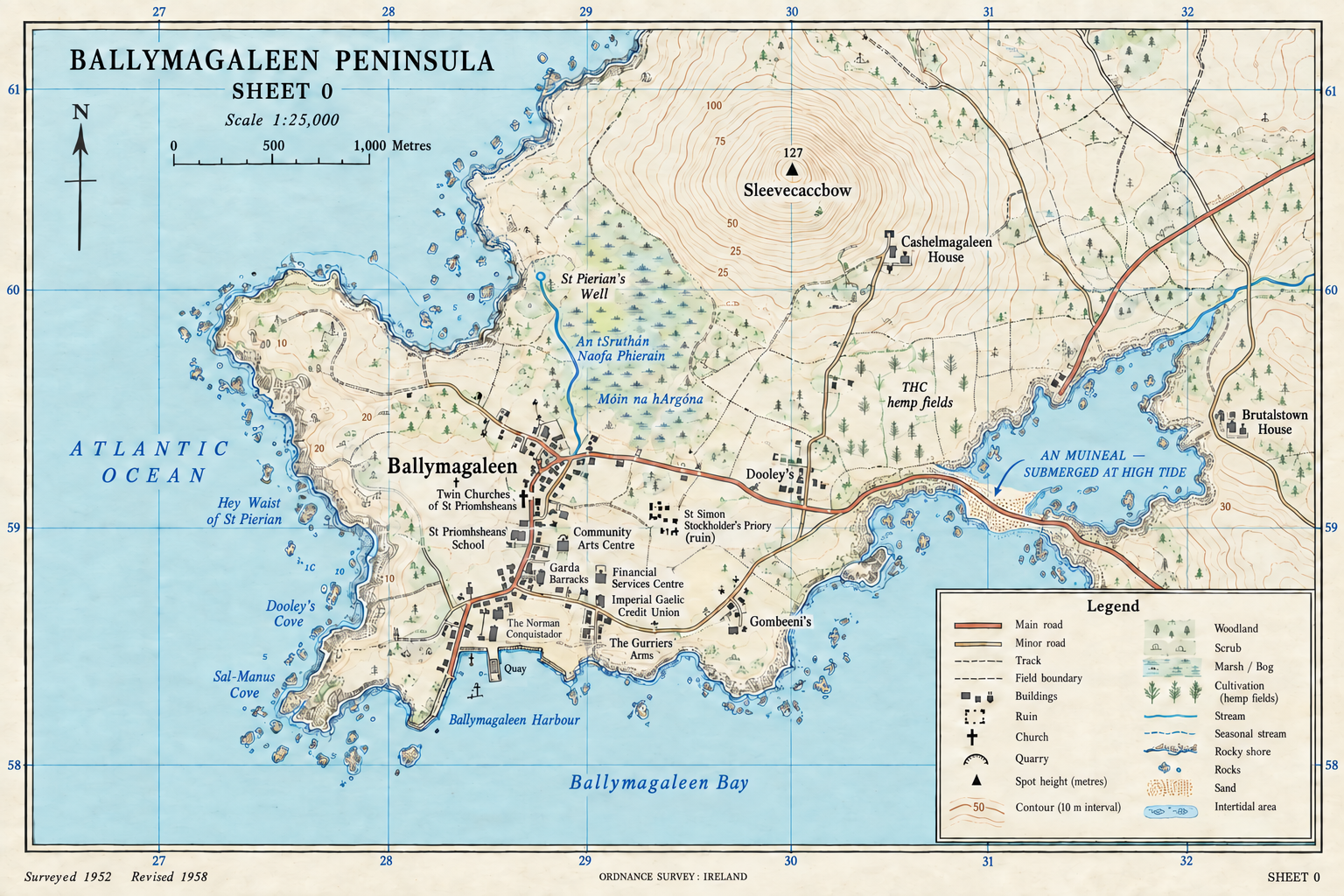 Ordnance Survey-style map of Ballymagaleen showing the tidal isthmus An Muineal, Sleevecaccbow, the village, harbour and principal sites