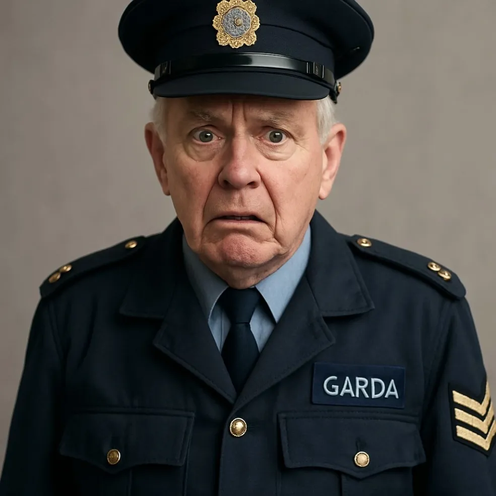 Sergeant Bod Gombeeni in Garda uniform, looking surprised by an administrative development