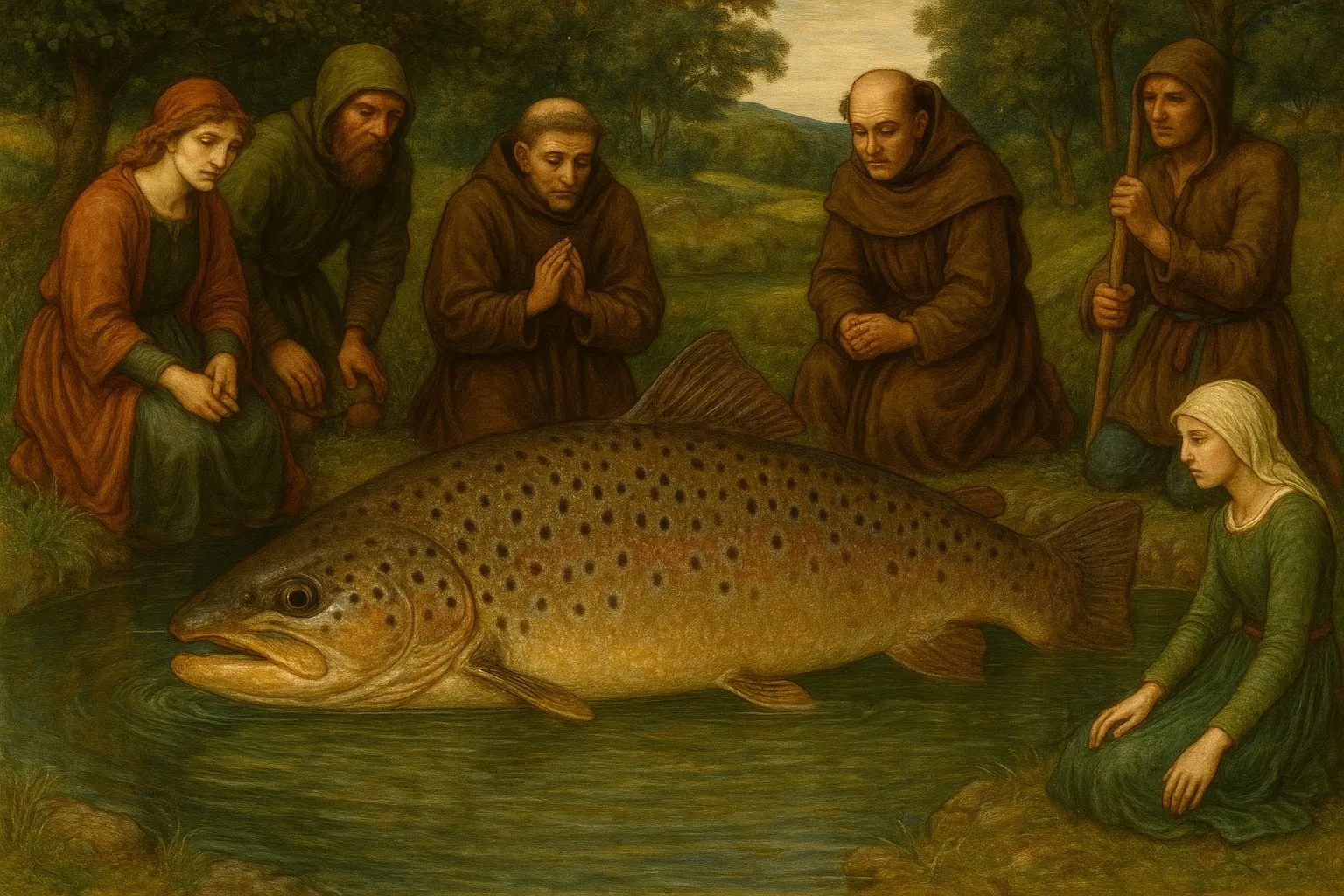 Pilgrims gathered around the Trout of Doubt at Saint Pierian’s Well